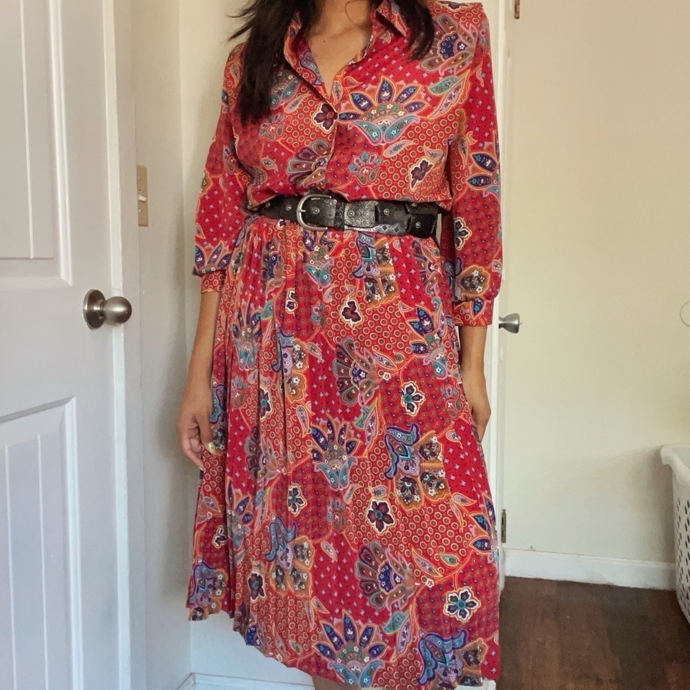 Vintage Lady Carol Petites of New York Paisley Red Maxi Dress USA made Size 12